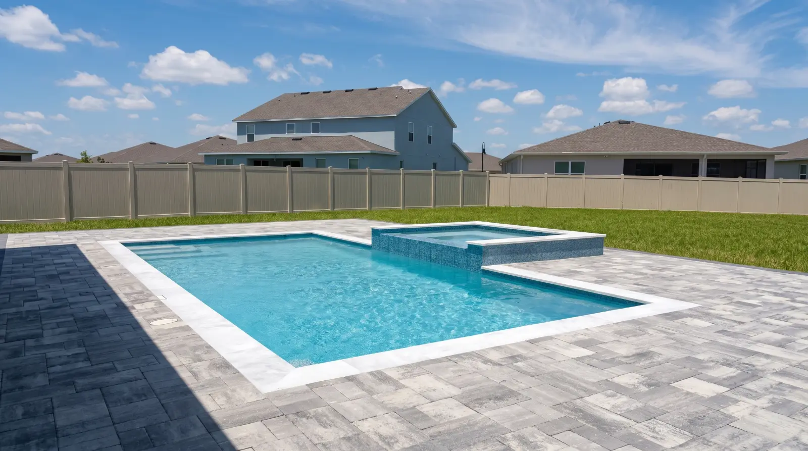 Clean three-quarter view of the completed Rock Maple Bend Residence pool and raised spa
