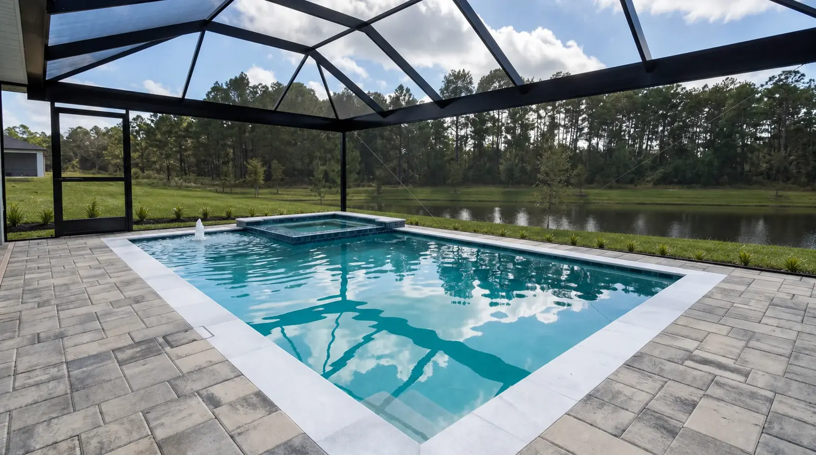 Completed Sanctuary Drive Residence pool viewed through the enclosure toward the lake