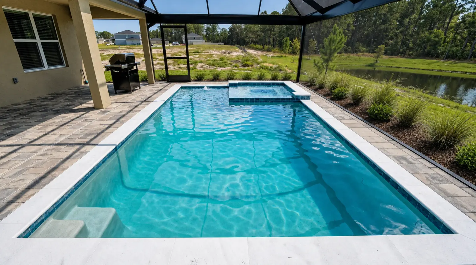 Long side view of the completed Sanctuary Drive Residence pool, raised spa, and screened enclosure