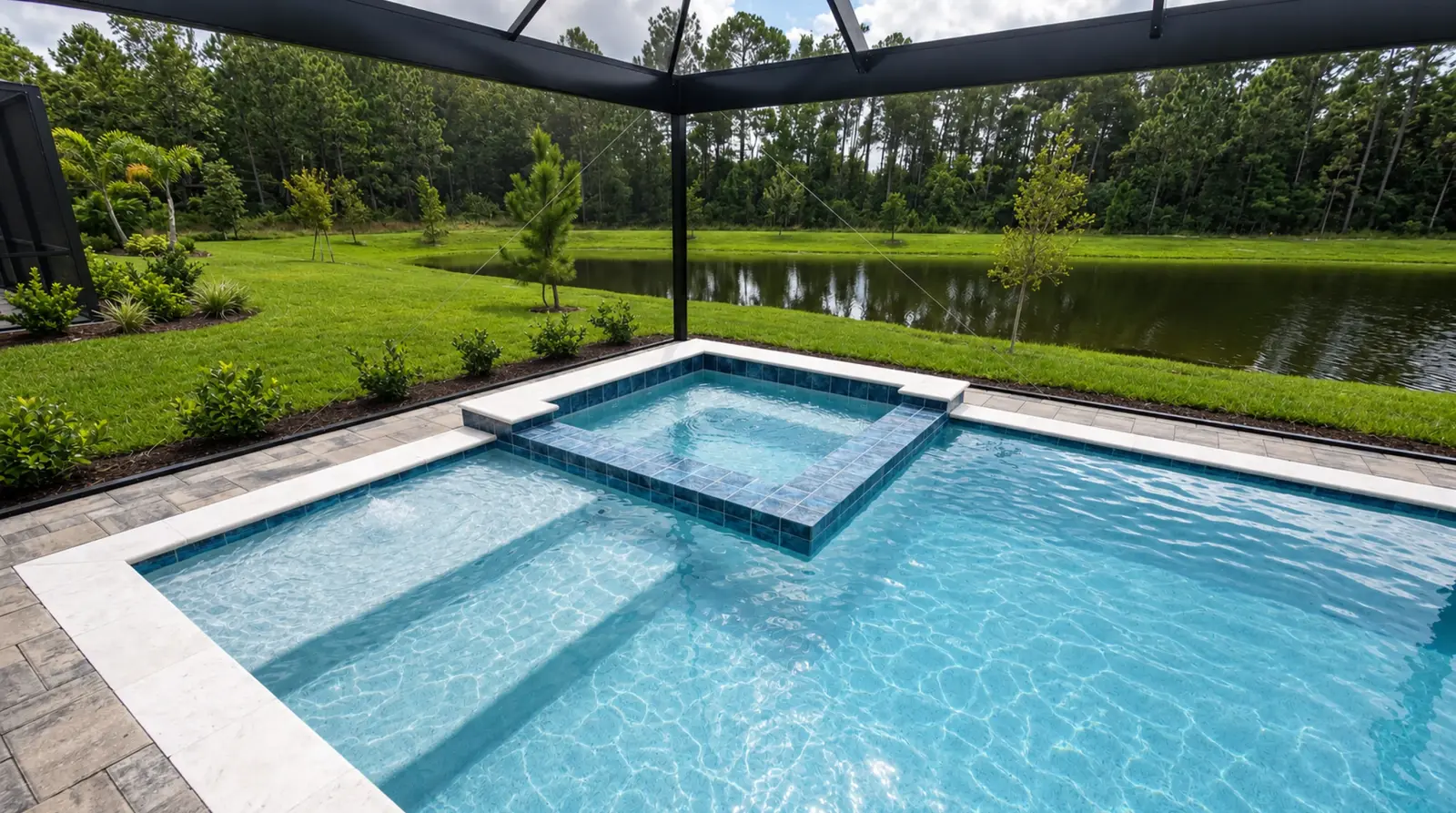 Raised-spa, spillway, coping, and water detail at the completed Sanctuary Drive Residence pool