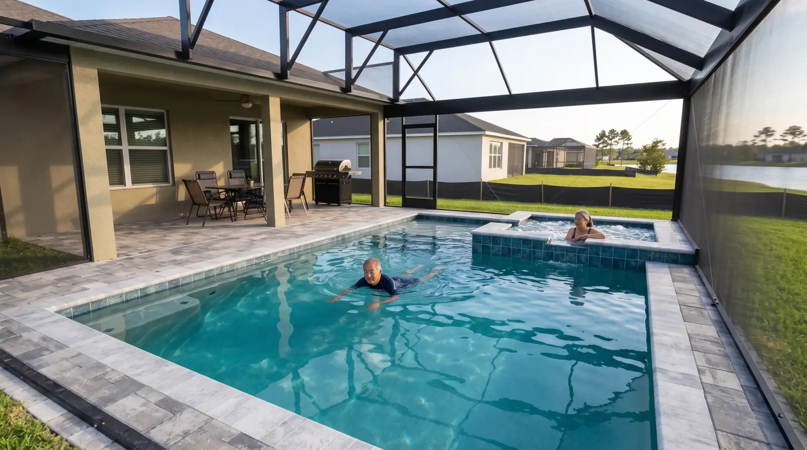 A fictional older adult couple enjoying a relaxed swim in the completed pool