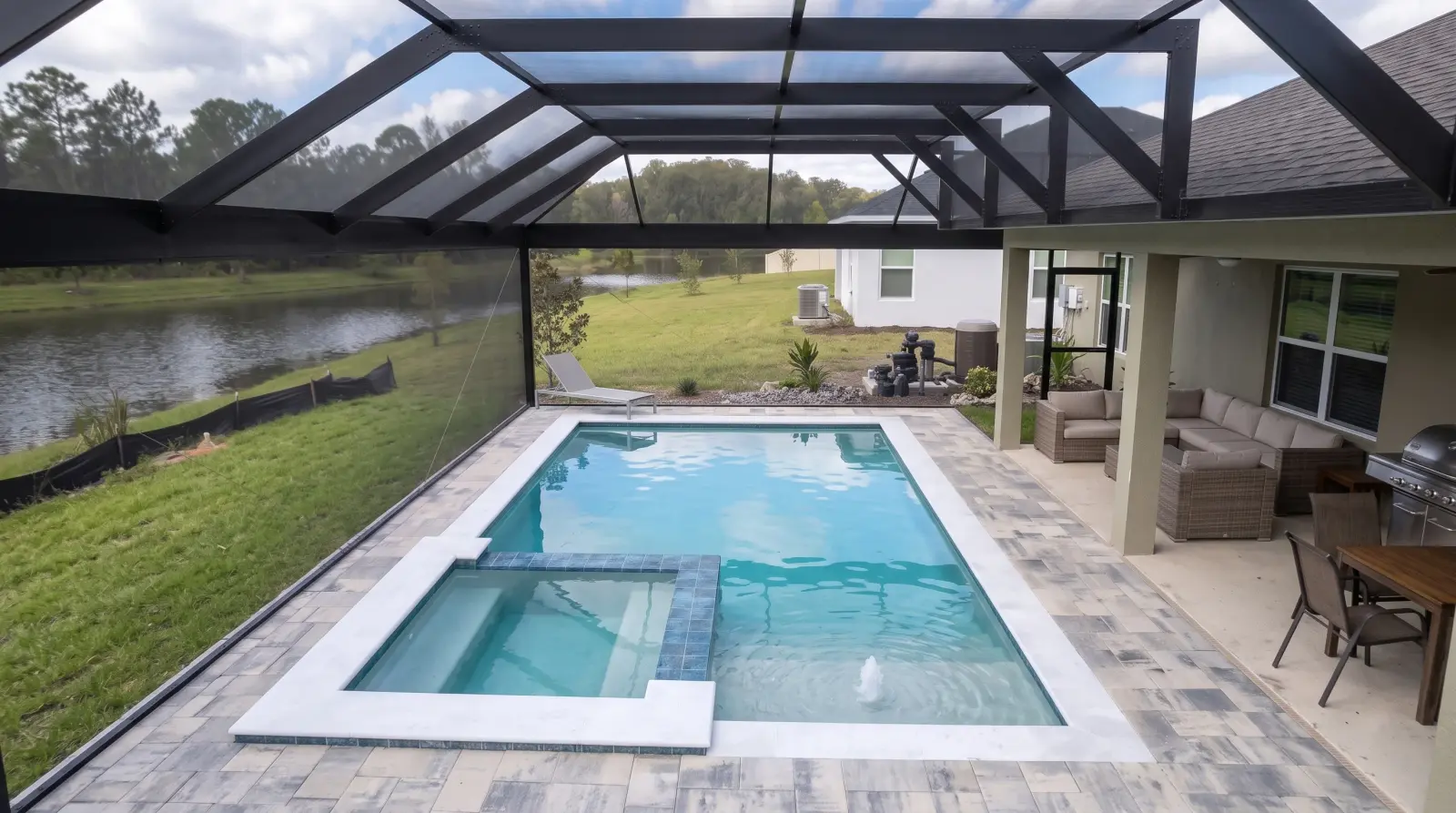 Photoreal elevated visualization of the completed Sanctuary Drive Residence screened poolscape