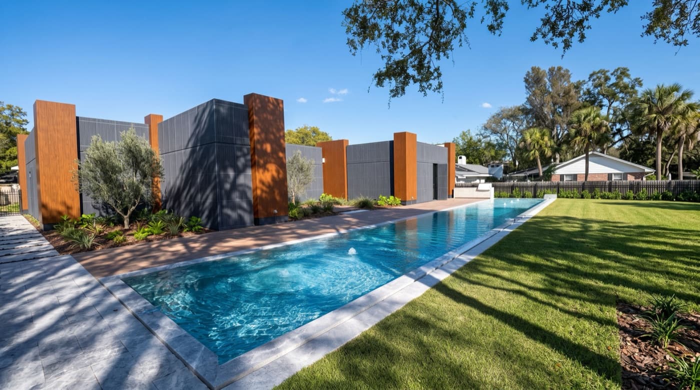 Contemporary lap pool with corten-and-slate privacy wall by Grunit