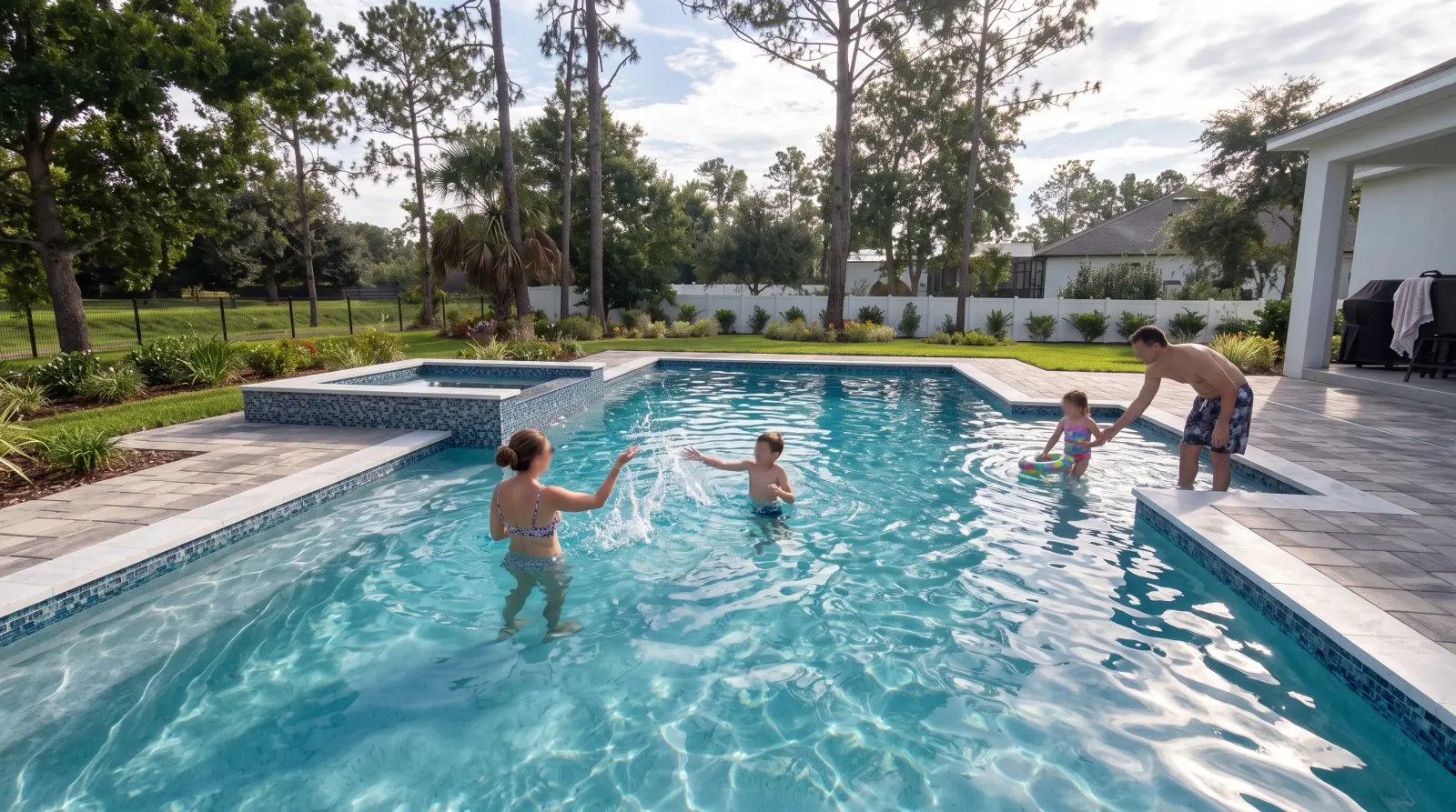 A fictional group of friends and family swimming together in the completed pool