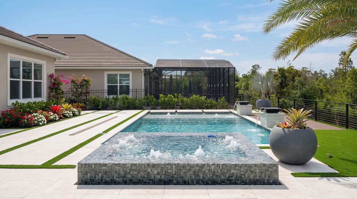 Modern custom residential pool with spa and water features by Grunit